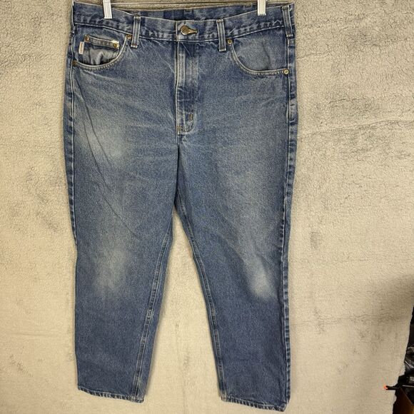Carhartt Jeans Mens 36x30 Blue Denim Straight Leg Light Wash Work Wear B18 DST - Picture 1 of 10